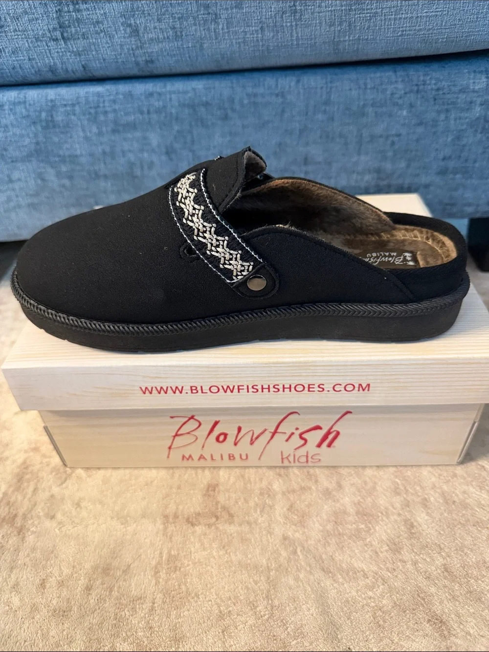 Blowfish Black Kids Slip-On Mule with Embroidered Strap